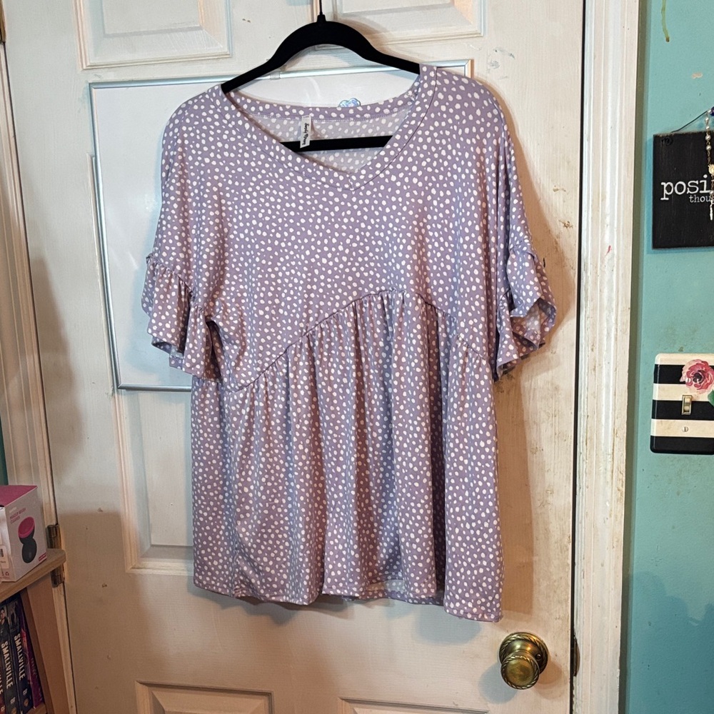 Lavender Polka Dot Blouse with Ruffle Sleeves